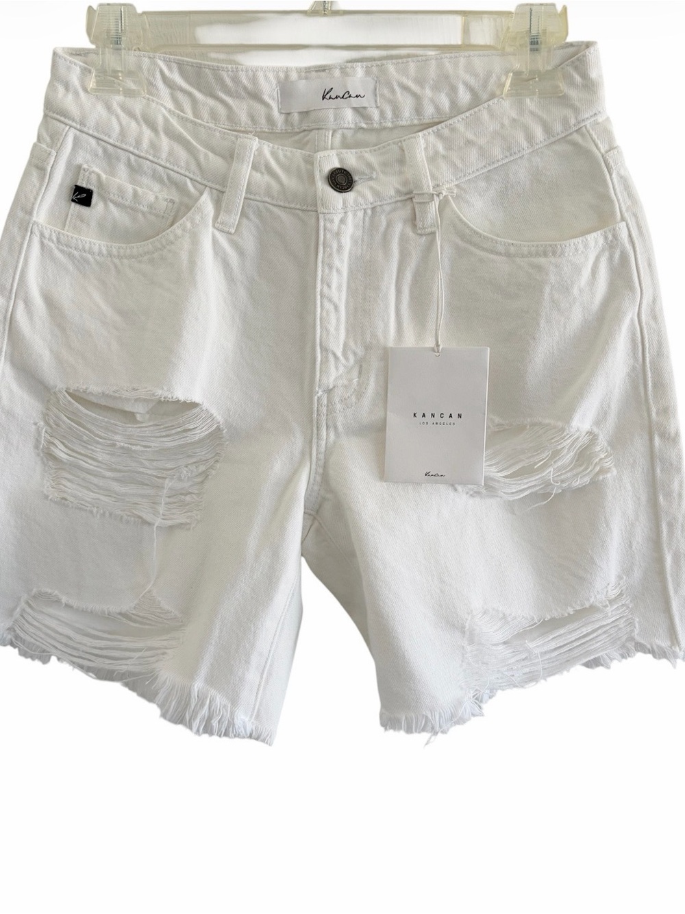 NWT Kancan mid rise white denim distressed short